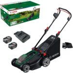 Bosch Akku-Rasenmäher Rotak18v2-43 (Schnittbreite: 43 cm, Schnitthöhe: 30-75 mm, 50 l Stoff-Grasfangkorb, Mulchstopfen, inkl. 2 x 18V Akku und