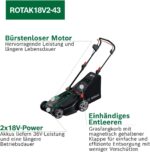 Bosch Akku-Rasenmäher Rotak18v2-43 (Schnittbreite: 43 cm, Schnitthöhe: 30-75 mm, 50 l Stoff-Grasfangkorb, Mulchstopfen, inkl. 2 x 18V Akku und – Bild 3